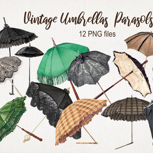 Vintage Umbrella Parasol Clipart. DIGITAL DOWNLOAD. Antique Fashion Watercolor Illustrations. PNG. Commercial Use. Scrapbooking Ephemera