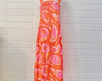 Vintage Pink and Orange Cotton Maxi Dress with Bow Back - Size 4/6