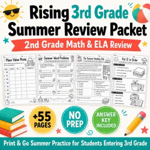 Può includere: Un pacchetto di ripasso estivo per il passaggio alla terza elementare, con esercizi di matematica e italiano di seconda elementare. Il set include quattro fogli di lavoro, una pila di libri e una matita gialla con gomma rosa.