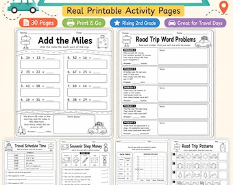 Atividades para viagem de carro para crianças (imprimíveis), pacote de atividades de viagem, folhas de exercícios para o 2º ano (download digital)