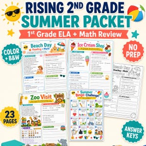 May include: A colorful summer packet for rising 2nd graders, featuring 1st grade ELA and math review. The packet includes worksheets with beach, ice cream, and zoo themes, plus a summer bingo challenge. Includes 23 pages and answer keys.