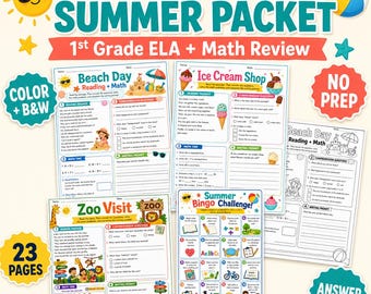 Pacote de atividades de verão para alunos do 2º ano (em formação), incluindo folhas de exercícios de revisão de matemática e língua inglesa (download digital).