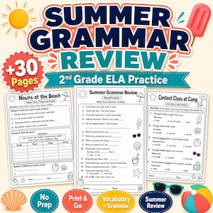 May include: A 30-page summer grammar review workbook for 2nd grade ELA practice. The cover features the title in dark blue and coral text, surrounded by illustrations of a sun, popsicle, sunglasses, and beach ball, with sample worksheets.