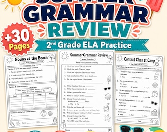 Folhas de exercícios de gramática para o verão do 2º ano, pacote de revisão de vocabulário, material de língua inglesa para imprimir.