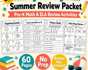 Pacote de Revisão de Verão para Pré-Escolares, Atividades de Matemática e Língua Inglesa para Pré-Escolares, Material de Preparação para o Jardim de Infância (Imprimível)