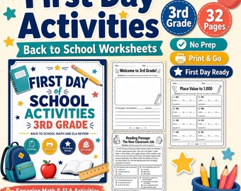 First Day of School Activities 3rd Grade Worksheets, Back to School Printable, No Prep Math ELA Review Packet