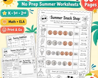 Pacote de atividades de matemática e alfabetização para o verão, para alunos do jardim de infância ao 2º ano, em julho (para imprimir).