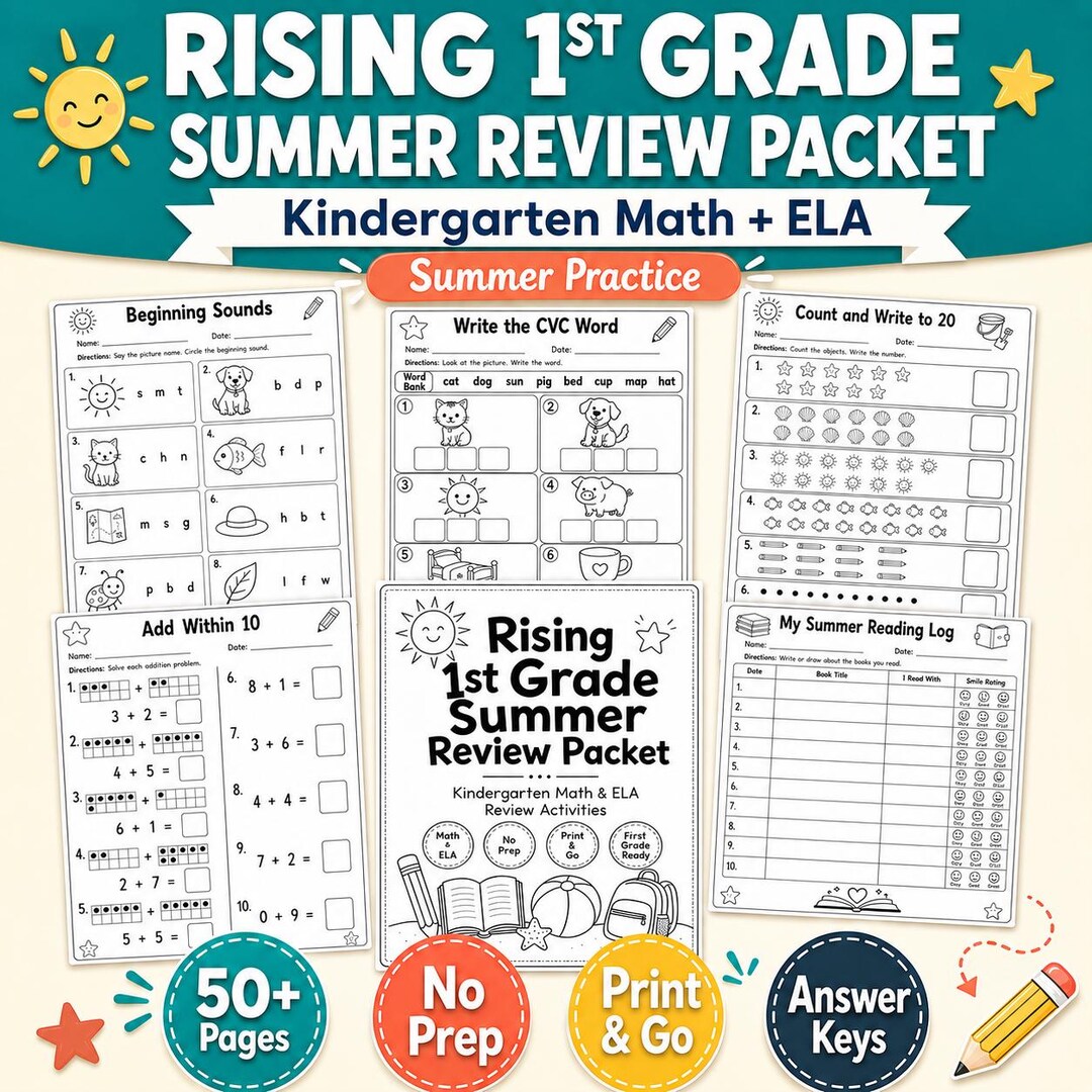 Educators Rising Packets Rising 1st Grade Summer Review Packet, Kindergarten Math ELA (digital ...