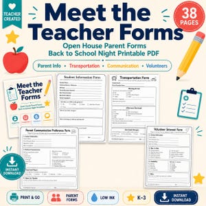 May include: A set of 38 printable teacher forms including student information, transportation, parent communication, and volunteer interest sheets. The documents feature black text on white paper with icons, a red apple, and a yellow pencil graphic.