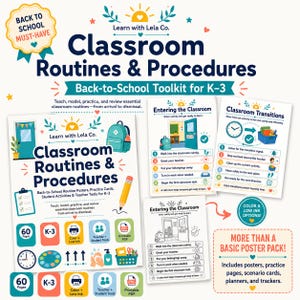 Pode incluir: Um kit digital de rotinas e procedimentos de sala de aula para K-3, incluindo cartazes, cartões de prática e ferramentas para estudantes. O conjunto oferece opções de PDF imprimíveis em cores e com baixo consumo de tinta, com textos como Classroom Routines & Procedures.