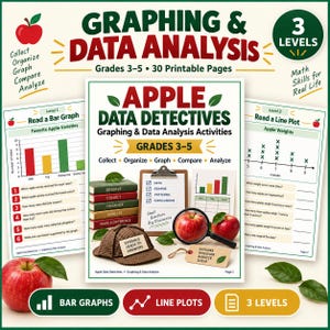 Peut inclure: Un ensemble de 30 pages imprimables pour les niveaux 3 à 5 intitulé Apple Data Detectives, proposant des activités de graphiques et d'analyse de données. La couverture montre des livres, un presse-papier, une loupe, deux pommes et un chapeau.