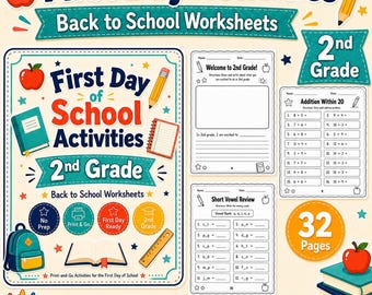 First Day of School Activities 2nd Grade Worksheets, Back to School Printable, No Prep Math ELA Review Packet