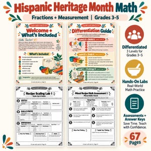 Hispanic Heritage Month Math Worksheets | Fraction Word Problems & Recipe Measurement Grades 3-5