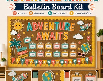 Kit para Painel de Avisos "A Aventura Aguarda" | Decoração de Sala de Aula com Tema de Viagem (Download Digital)