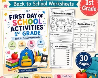 First Day of School Activities 1st Grade Worksheets, Back to School Printable, No Prep Math ELA Review Packet