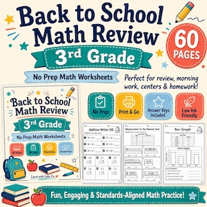 May include: A 60-page 3rd grade back to school math review worksheet set. The cover features a backpack, apple, and books. Included are pages for addition within 100, measurement to the nearest inch, and bar graphs with school supply data.