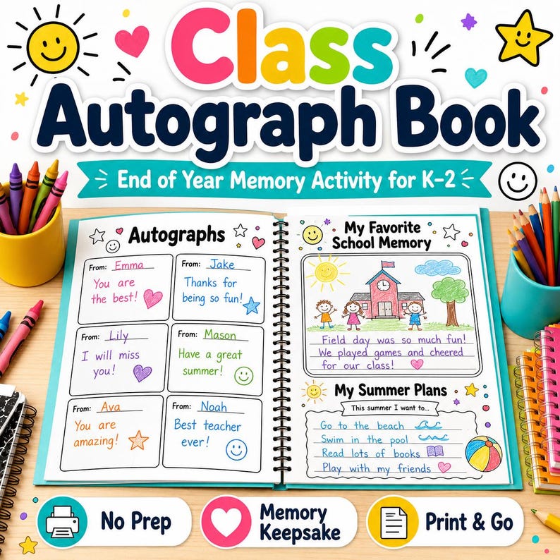 Class Autograph Book Printable | End of Year Memory Keepsake (K-2 PDF ...