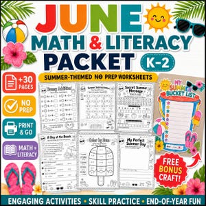 May include: A June maths and literacy packet featuring 30 pages of summer-themed no-prep worksheets for grades K-2. The educational set includes addition, subtraction, reading comprehension, and a free bonus craft bucket list activity.