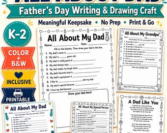 Material para imprimir: Tudo sobre o Papai, Questionário para o Dia dos Pais para crianças, Atividade de escrita para alunos do jardim de infância ao 2º ano.