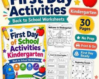 Kindergarten First Day Activities Packet, No Prep Back to School Worksheets (Digital Download)