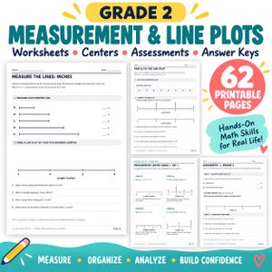 May include: A collection of Grade 2 measurement and line plot educational worksheets featuring 62 printable pages. The documents include exercises for measuring lines in inches, analyzing data, and solving math problems with answer keys included.