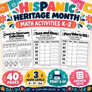 Könnte beinhalten: Ein Set aus drei mathematischen Arbeitsblättern für die Klassen K-2 mit dem Titel Hispanic Heritage Month Math Activities. Die Seiten enthalten Übungen zum Zählen, zu Zehnern und Einern sowie zum Stellenwert bis 100.