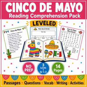May include: A colourful Cinco de Mayo reading comprehension pack with the text "Cinco de Mayo" at the top. The pack includes a word search, a levelled reading section, and a book with illustrations of a piñata, sombrero, and maracas. The pack has 14 pages.