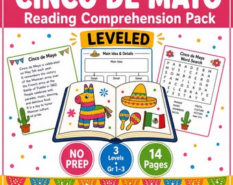Pacote de Compreensão de Leitura do Cinco de Mayo | Textos e Perguntas com Níveis de Aprendizagem (Jardim de Infância ao 3º Ano)