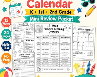 Calendário de Aprendizagem de Verão para Educação Infantil ao 2º Ano, Pacote de Revisão, Material para Educação Domiciliar (PDF)