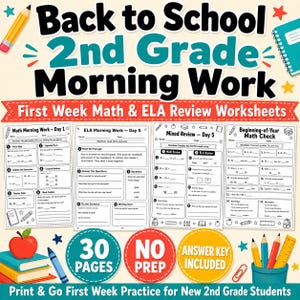 Può includere: Una risorsa educativa digitale intitolata Back to School 2nd Grade Morning Work con schede didattiche di matematica e inglese. Il set include 30 pagine di attività pronte all'uso, una chiave di risposta e quattro esempi di schede.