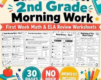 Atividades matinais de volta às aulas para o 2º ano: revisão de matemática e língua inglesa para a primeira semana, pacote imprimível sem necessidade de preparação.