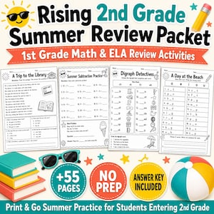 May include: A colorful educational packet for rising 2nd graders. The image features worksheets for 1st grade math and ELA review, with titles like "A Trip to the Library" and "Summer Subtraction Practice." Includes a beach ball, sunglasses, and the text "+55 PAGES."