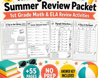 Paquete de repaso de verano para alumnos que pasan a segundo grado, hojas de trabajo de matemáticas y lengua y literatura para primer grado (PDF)
