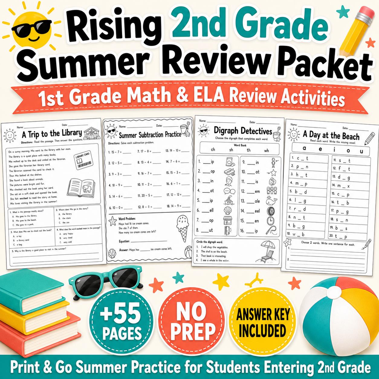 Rising 2nd Grade Summer Review Packet, 1st Grade Math ELA Worksheets ...