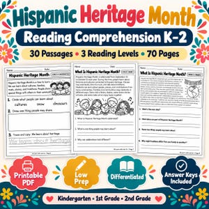 May include: A Hispanic Heritage Month reading comprehension set for grades K-2, featuring 30 passages across 3 levels on 70 pages. The document includes printable worksheets with text, illustrations, and questions about cultural traditions and history.