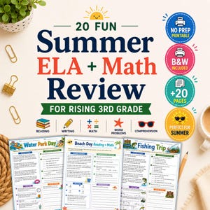 May include: Educational resource for primary school students. The image shows a "Summer ELA + Math Review" with icons for reading, writing, and math. Includes printable pages with summer-themed activities. The text also says "20 Fun" and "Perfect for Summer".