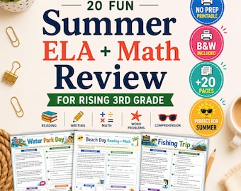 Pacote de atividades de verão para alunos que irão para o 3º ano, revisão de matemática e língua inglesa para o 2º ano (PDF colorido e em preto e branco)