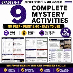 May include: A digital educational resource titled Middle School Math Mystery featuring 9 complete mystery activities across 47 pages. The document includes math problems, clue decoding, and culprit identification tasks with a teacher answer key.