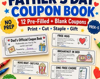 Livro de Cupons Imprimível para o Dia dos Pais, Cupons de Presente para Papai, Avô, Tio, Presente para Crianças (PDF)