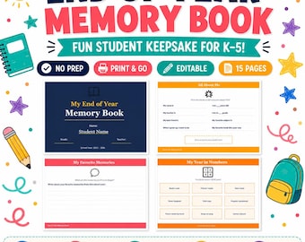 Livro de Memórias de Fim de Ano para Alunos do Jardim de Infância ao 5º Ano | Diário de Lembranças Estudantil Imprimível (Download Digital)