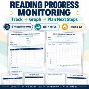 May include: A set of educational reading progress monitoring forms featuring dark blue text on white paper. The sheets include an Individual Reading Progress Monitoring Record, a Student Reading Growth Graph, and various planning templates for literacy.