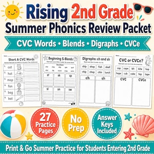 May include: A Rising 2nd Grade Summer Phonics Review Packet featuring four educational worksheets covering CVC words, blends, digraphs, and CVCe patterns. The packet includes 27 practice pages with answer keys, decorated with beach-themed graphics.