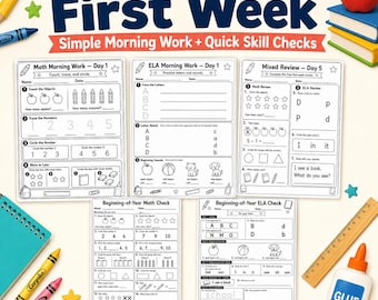 Folhas de atividades para o início do ano letivo no jardim de infância, atividades matinais para imprimir, pacote de revisão de matemática e língua inglesa para a primeira semana.