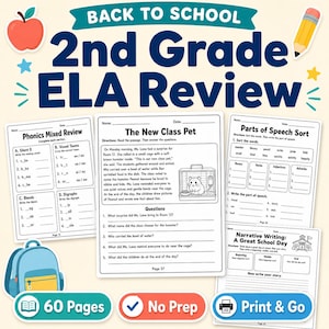 Könnte beinhalten: Ein 60-seitiges Back to School 2nd Grade ELA Review Paket mit Arbeitsblättern zu Phonetik, Leseverständnis mit einer Hamstergeschichte, Wortarten-Sortierung und narrativem Schreiben, inklusive blauem Rucksack-Symbol und Druckvorlagen.