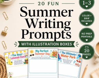 Sugestões de escrita para o verão, 1º ao 3º ano, folhas de atividades criativas, páginas para diário (coloridas e em preto e branco)