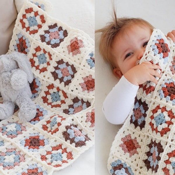 Couverture pour bébé au crochet faite à la main dans le carré de grand-mère avec du fil mérinos doux et chaud - Parfait pour la chambre d'enfant, la poussette ou le ventre