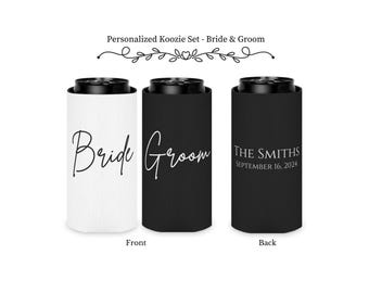Personalized Wedding Koozie Set: Bride & Groom Can Coolers