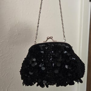 Y2k Black Beaded Clutch Purse | 2000s Black Bag with Silver Detail | Vintage Moni Couture Black Sequin Clutch