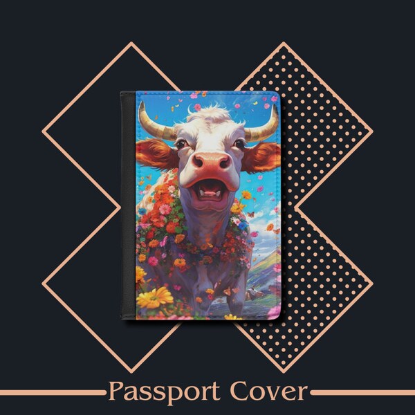 Passport Cover Cow and Flowers, Passport Case, Leather Passport Holder, Travel Gift, Traveler's Gift, Travel Wallet, Travel Accessories