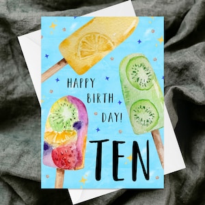 Dix Joyeux Anniversaire Carte de Voeux - Carte de Voeux Texturée Faite à la Main - Aquarelle Excentrique - Enfant Enfants 10e 10 - Sucettes Glacées